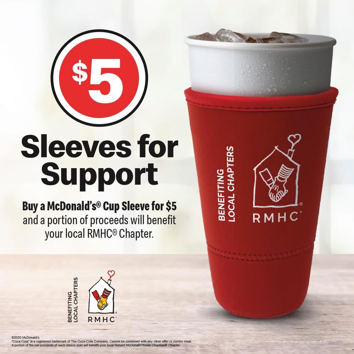 RMHCneo's tweet photo. Looking to help RMHCs in your area in a fun and easy way while enjoying your favorite cold McDonald's @CocaCola beverage?! When you purchase a $5 red drink sleeve at your local @McDonalds a portion of the purchase will be donated back to the RMHC in your area! #SleevesForSupport https://t.co/qfBcm116pt