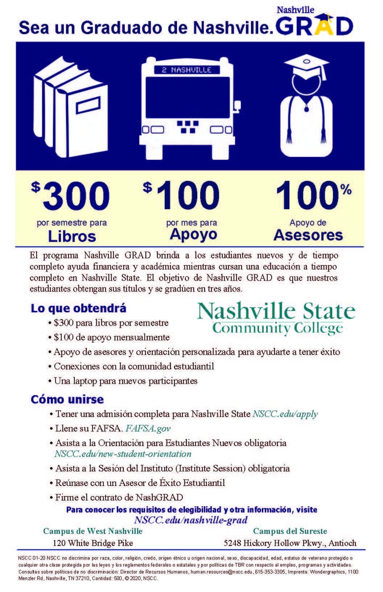 NashvilleState's tweet photo. Davidson Co. residents (at least for 1 year) - You can be eligible for Nashville GRAD! You will have the built in support (advisor, free laptop, $300/semester for books, $100/month for gas or groceries) you need to be successful. Apply now. Deadline Aug. 1. #NashvilleState https://t.co/tJkDMqRZsO