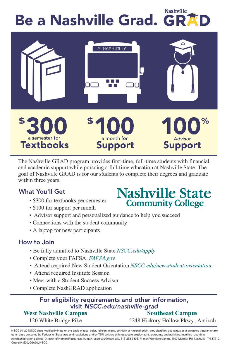 NashvilleState's tweet photo. Davidson Co. residents (at least for 1 year) - You can be eligible for Nashville GRAD! You will have the built in support (advisor, free laptop, $300/semester for books, $100/month for gas or groceries) you need to be successful. Apply now. Deadline Aug. 1. #NashvilleState https://t.co/tJkDMqRZsO