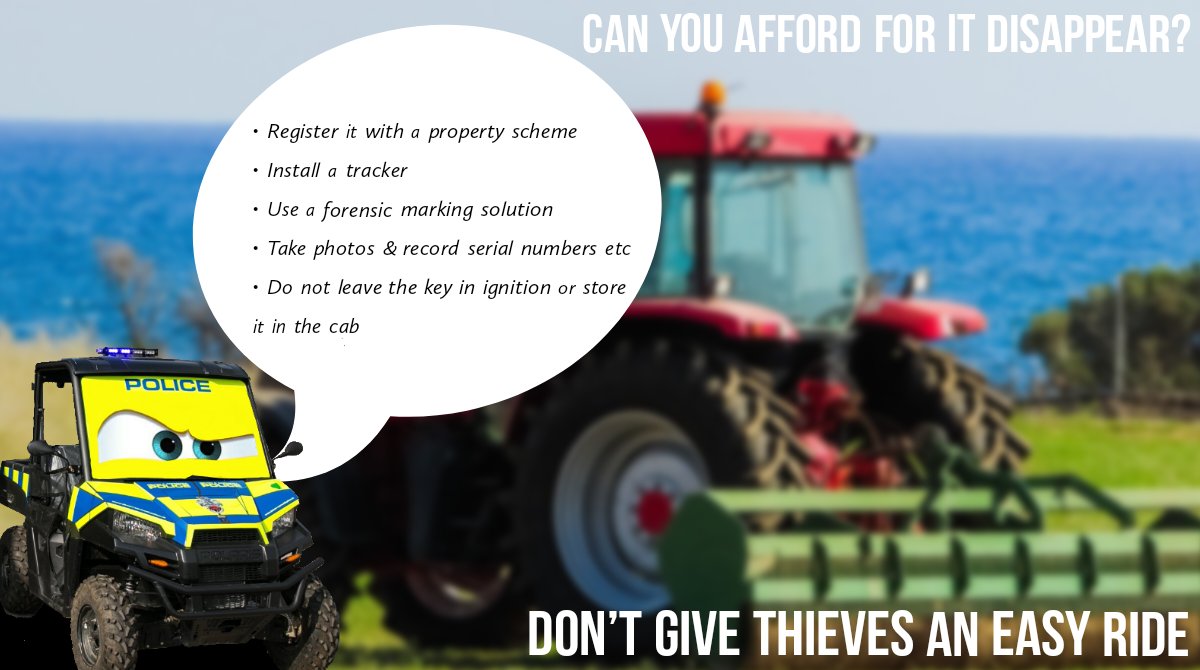 DCPoliceRural_D's tweet photo. Have you taken steps to ensure police can find & return your #ATV, #tractor, #agri-plant if it gets stolen?
• Know your equipment details in full
• Use a #PropertyMarking/ID system
• Consider installing a #tracker
• #RegisterIt
Take action now. Think #CrimePrevention 🚜 https://t.co/1SXT22qqx0
