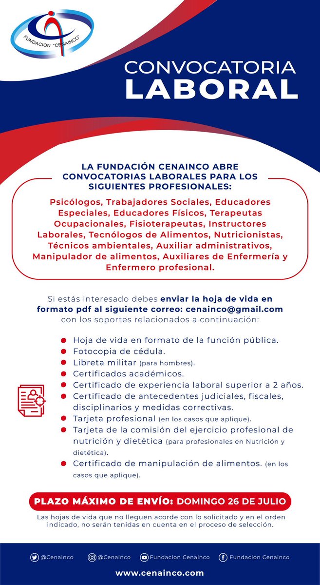 CENAINCO's tweet photo. ¿Quieres hacer parte de nuestro equipo en Bogotá? 

📌 Hemos abierto nuestra convocatoria laboral, así que si haces parte de estas profesiones mándanos tu hoja de vida, ¡Te estamos buscando!

#TrabajoSíHay 📄 https://t.co/YSD2Jl5Zwe