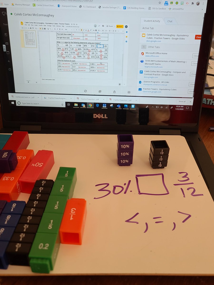 JarushaG's tweet photo. Summer school "virtual learning" - Using models in math #comparisions #fractionsdecimalspercents #equivalencycubes #makingmathmatter @CenterSD @cms58CARES https://t.co/THapoj20Iw