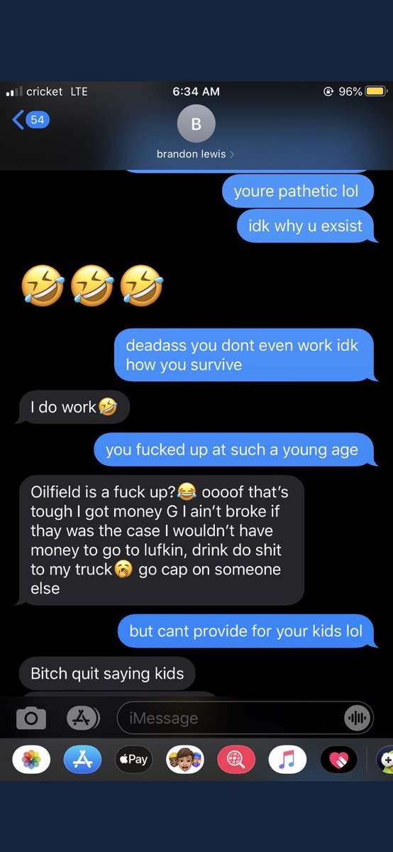 hobbs13_'s tweet photo. This is his and miss daisys texts, lmfao oilfield? You worked one hitch and quit, trip out 23,000 feet of pipe in the snow atleast before you clame that, you worked one road construction job and claimed to be on a pipeline. Mf you’ll never be like men like us. I can’t wait bitch https://t.co/9qJQrdSTPp