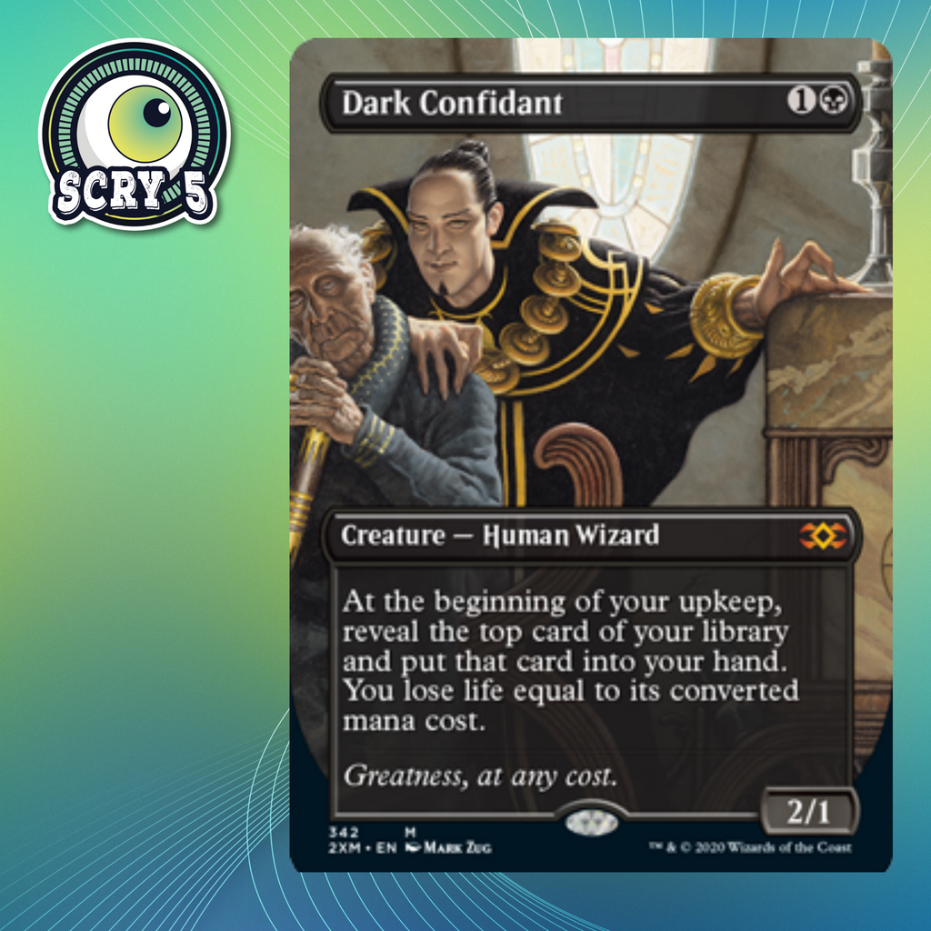 ScryFive's tweet image. Impreso por primera vez en Ravnica: City of Guilds, inspirado en el jugador Bob Maher Jr., quien diseñó la tarjeta después de ganar el Magic: The Gathering Invitational 2004: Dark Confidant ha visto un juego significativo en todos los formatos en los que ha sido legal.