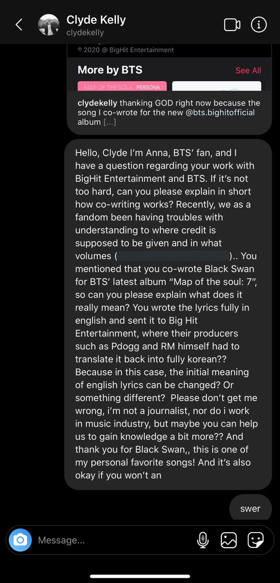 co-writer of Black Swan, Clyde Kelly  @whoisclydekelly, explained to me how the process of co-writing works in order to create epic music. i’m happy  @BTS_twt has worked with such a great person
