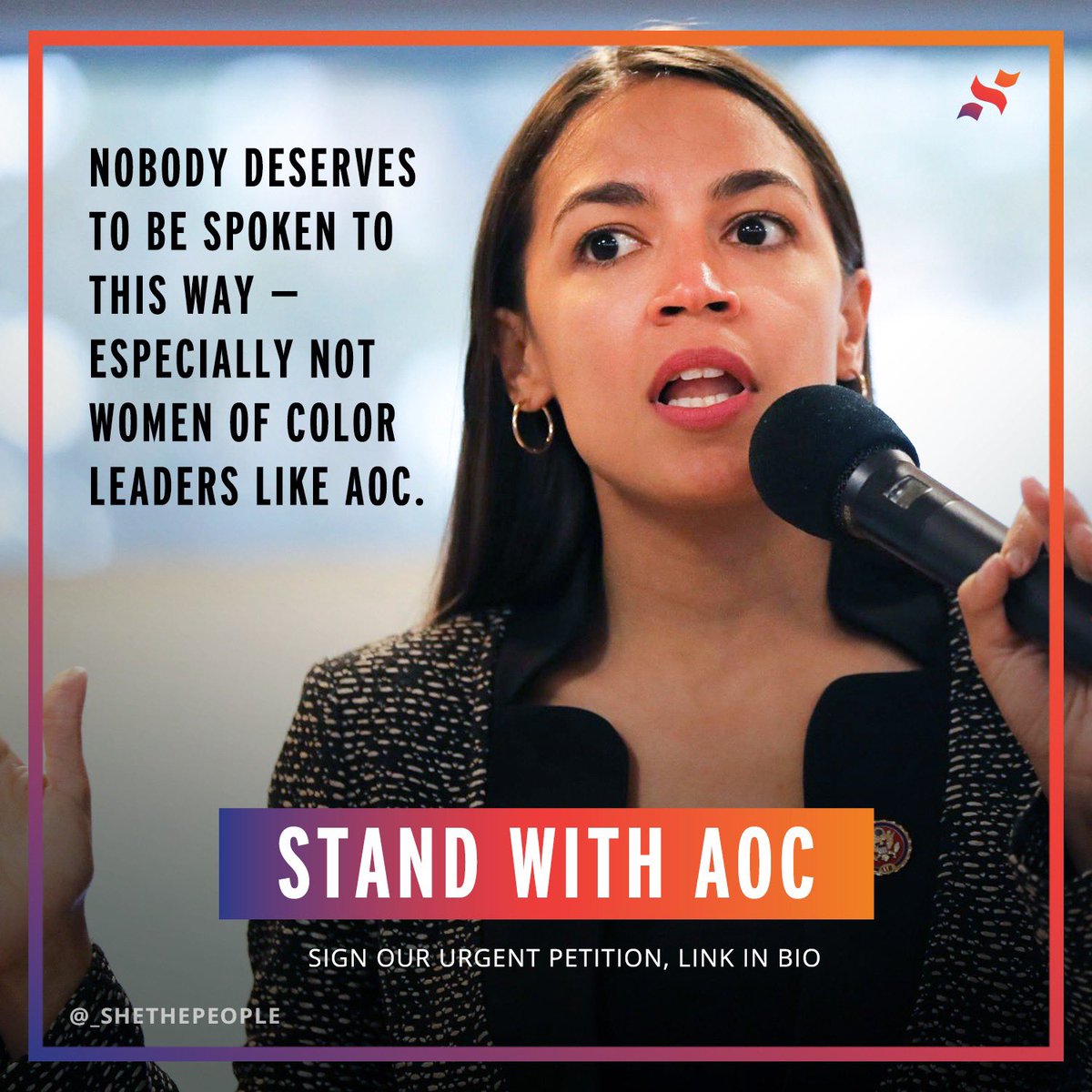 _shethepeople's tweet photo. Congresswoman and all-around shero @AOC was verbally attacked by a sitting Republican Congressman, calling her "a f*cking b*tch."

Stand with AOC and let men like Yoho know that disrespecting women of color is not on the agenda:     https://t.co/K507N3sqAR 

#SheThePeople2020 https://t.co/TxMZDV5TiE