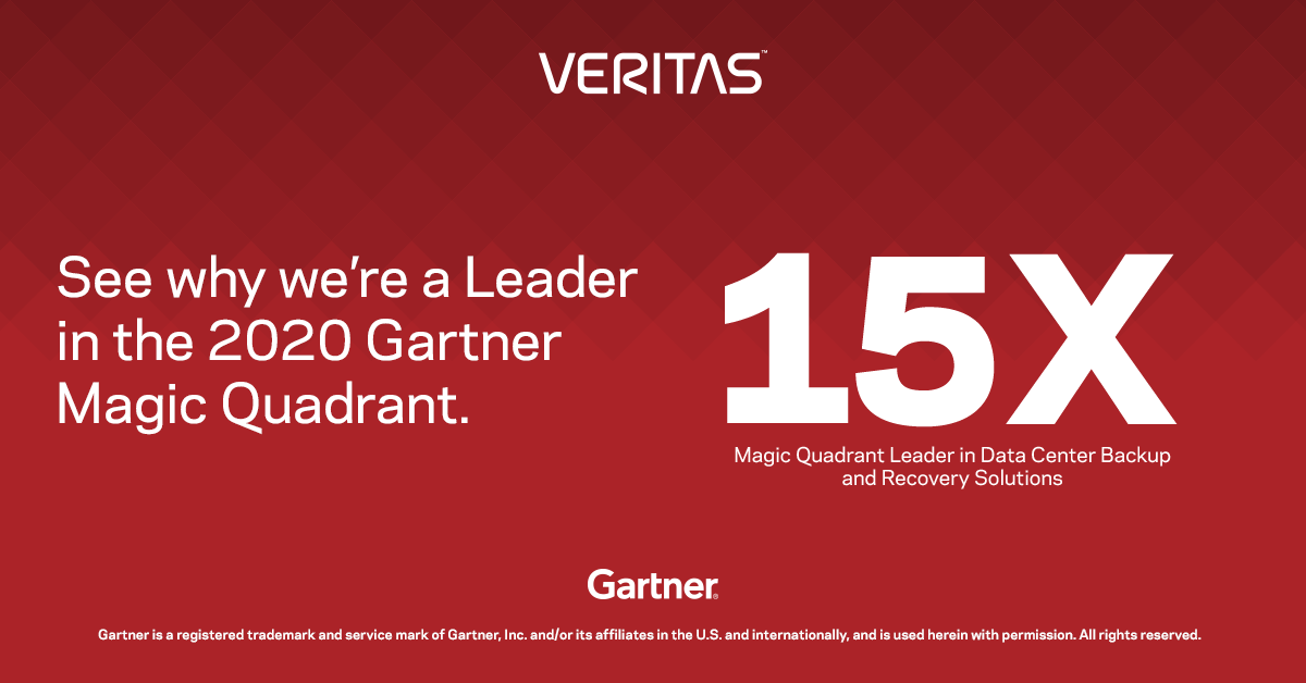 VeritasTechLLC's tweet photo. Veritas is proud to be recognized as a Leader in the Gartner Magic Quadrant for Data Center Backup and Recovery Solutions for the 15th consecutive time. Get the 2020 Gartner Magic Quadrant report. Read the report: https://t.co/Lqknft2Rzr

#GartnerMQ #DataProtection https://t.co/ED2iyCNXPU