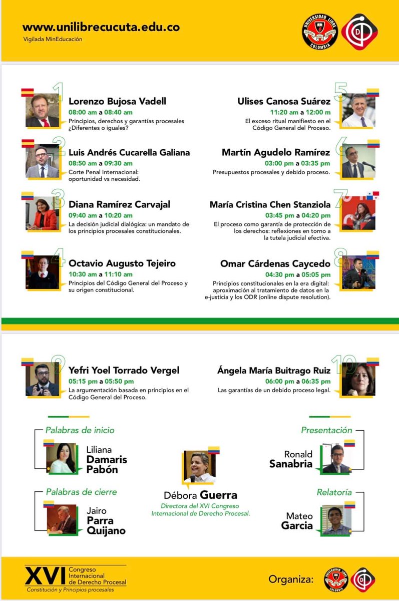 Esta es la programación del XVI Congreso Internacional de Derecho Procesal, organizado por el <a href="/I_C_D_P/">ICDP</a> Capítulo Norte de Santander (<a href="/ICDPNorte/">ICDP Norte de Santander</a>) y la <a href="/unilibrecucuta1/">Unilibre Cúcuta</a>.

Este vez me tocó de presentador. ¿Nos acompañan? Aquí el link de inscripción: bit.ly/3guODvE.
