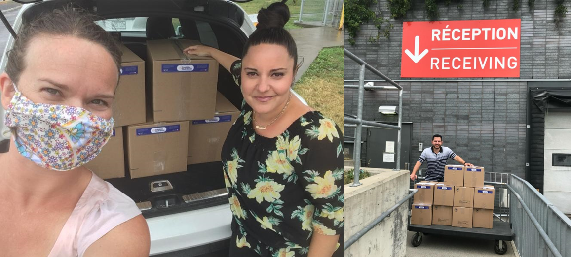 SLGI_Canada's tweet photo. We’re proud to have donated 500 protective shields to the #healthcareheroes at @MUHCFoundation, @FCitedelaSante and Fondation Honoré-Mercier. Thanks to our Quebec team for setting it up: Loredana, Martin, Amelie and Jad #SunLifeCommUNITY https://t.co/dhyZHaPm3x