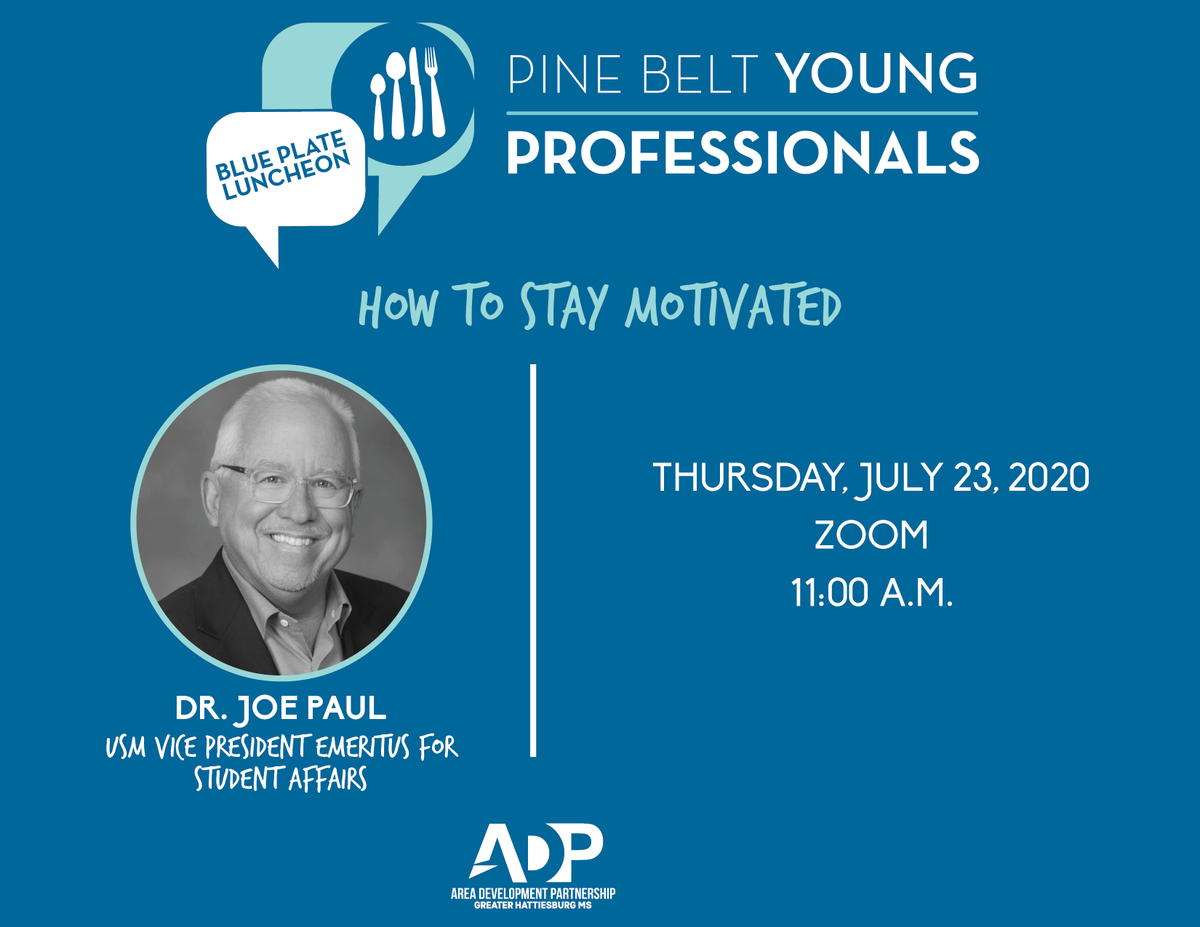 ADPHattiesburg's tweet photo. Pine Belt Young Professionals current and prospective members, this one is for you!
PBYP is BACK (on Zoom) ! | July Blue Plate with Dr. Joe Paul!
Grab lunch from your favorite @ADPHattiesburg member & meet us online - to register, visit: https://t.co/kvp2999LJv https://t.co/kssmfXKlw0