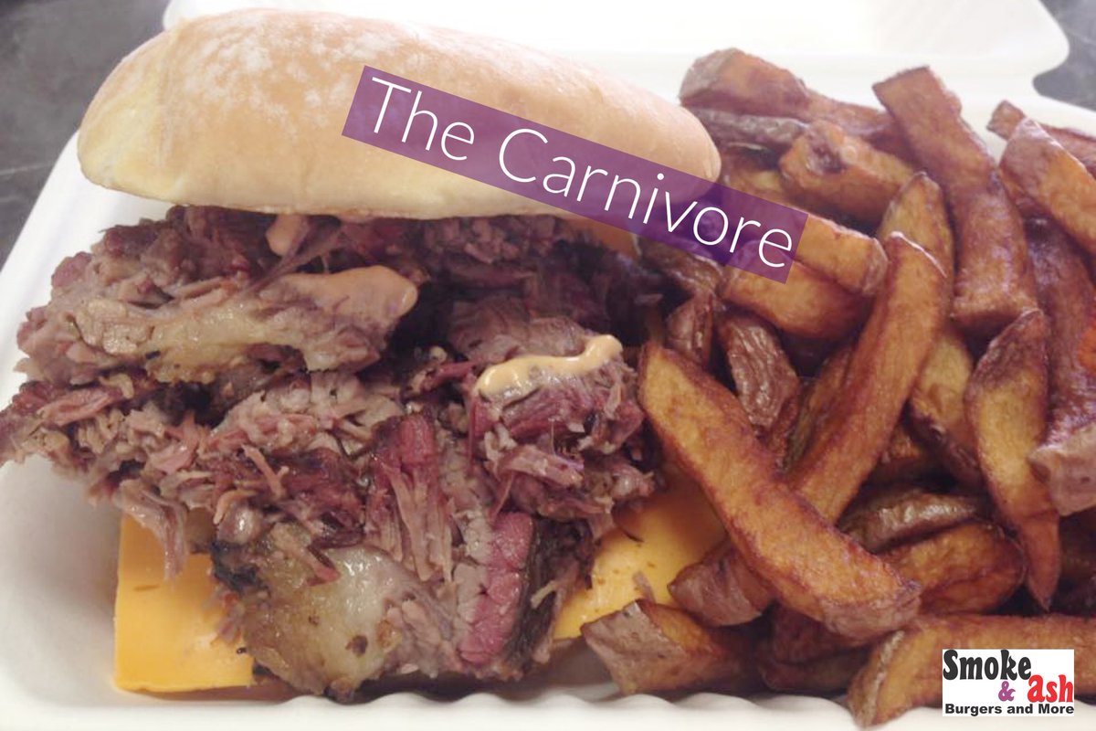 Our feature burger for the month of July is the Carnivore.  Our delicious Smoke &amp; Ash burger topped with cheese, bacon, your choice of smoked meat, and our house made Whisky Jack BBQ sauce!  Served with our fresh cut fries or garlic fries.... ONLY $10!!! #yeg #yegfood