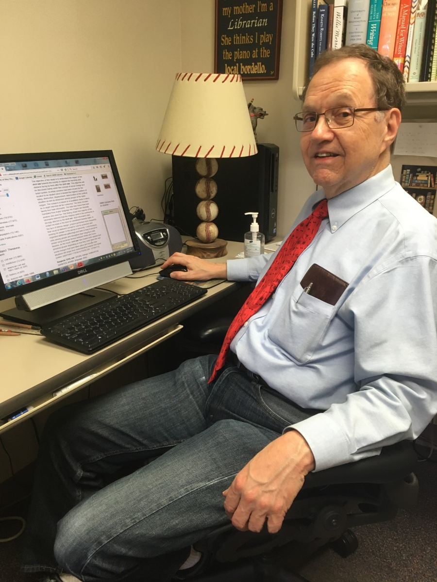 simpsonlibrary's tweet photo. After 40 years as Reference and Humanities Librarian, Jack Bales at #SimpsonLibrary is retiring.  Needless to say, Jack will be missed my many.  But don't worry, he promises to visit the library as a researcher.  Congrats, Jack!
 
#MaryWash #UMWLibraries #ONEUMW #UMWEagles #UMW https://t.co/C5WCN6uQ8w