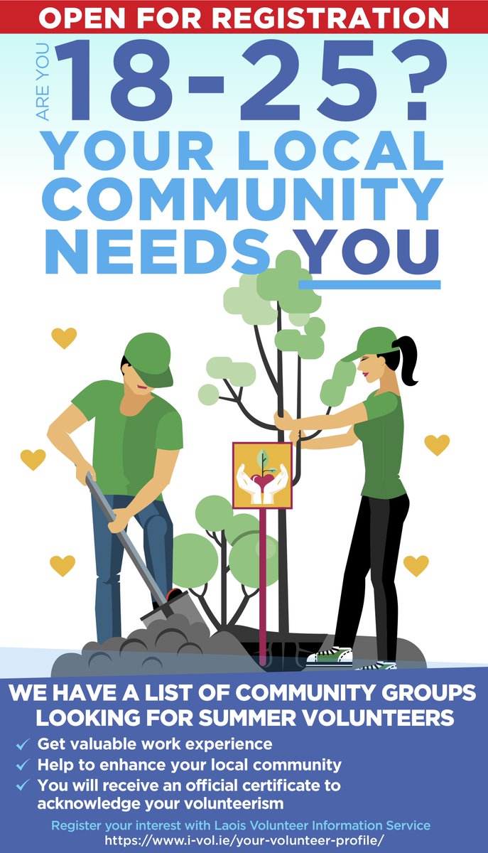 LaoisCouncil's tweet photo. Are you a student, aged between 18-25 and living in Laois?  If so, registration is still open to get involved and help out  your local community and volunteer groups.

For more information see https://t.co/Ga7Qd8Auya https://t.co/gdfiRZXMKU