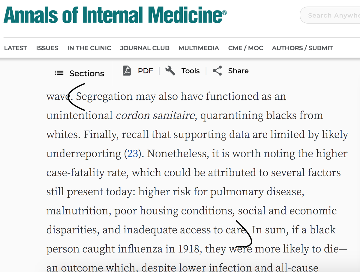 But we then talked about segregation and the point made by us and prior historians that it may have functioned as a cordon sanitaire - unintentionally quarantining and protecting Black Americans, especially during subsequent influenza waves +