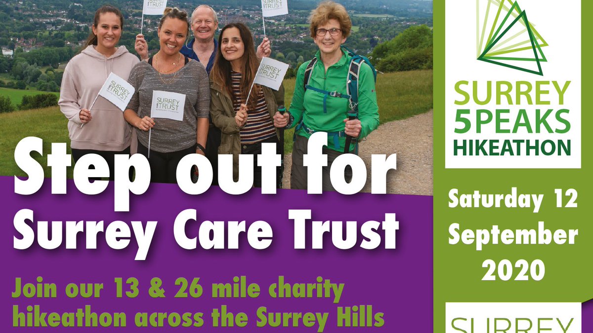 Can you step out for Surrey Care Trust this September? Take part in our charity #hikeathon across the #SurreyHills. 
We look after our walkers with drinks &amp; snacks at every checkpoint + a picnic lunch thanks to our sponsors
@Broanmain
Register today at Surrey5Peaks.org.uk