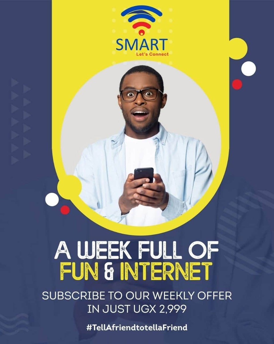 uganda_smart's tweet photo. Did you subscribe to our weekly offer yet? Enjoy  5 GB data at just UGX 2,999 in our SUPER- SPECIAL offer for the week! 🥳💙

▪Simply dial *100*5*1*1# to subscribe 📱

SMART is regulated by the Uganda Communications Commission.
#SMART #Uganda #Africa #Kampala https://t.co/VDD2OjUrhT