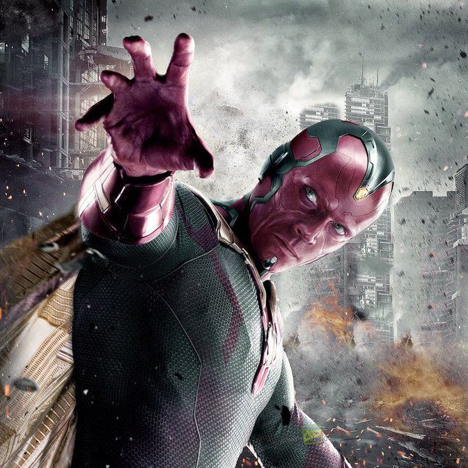 10. Vision القدرات: فيجن عنده جسد مصنوع من الفايبرينيوم يخليه يطير ويعبر من داخل الاشياء , يعتبر مزيج من توني وبروس وحجر العقل والذكاء الاصطناعي , المفروض يكون من اقوى الافينجرز بسبب الحجر , لكنه مافهم الحجر فصار يسيطر عليه اكثر -التقييم : 7 من 10