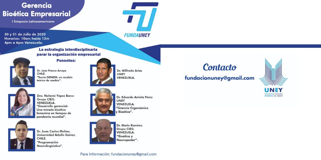 La <a href="/uney_oficial/">UNEY</a> a través de #Fundauney invita a participar, sin costo alguno, en el I Simposio Latinoamericano de Gerencia Bioética Empresarial bajo la modalidad online. El mismo se estará desarrollando durante los días 30 y 31 de julio. #22deJulio <a href="/marioyovera/">Mario Yovera</a> <a href="/ArrietaEduardo/">Eduardo Arrieta</a>