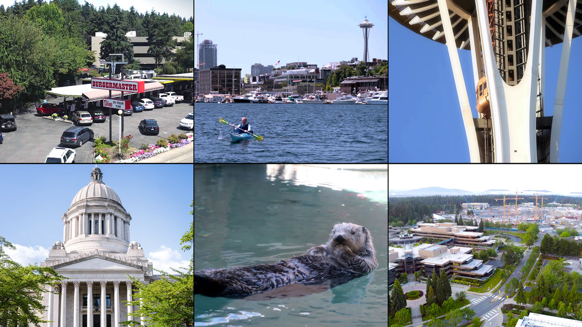 Collage of the filming locations from Brad Smith's adventure, including Olympia, Burgermaster, the Seattle Aquarium, the Space Needle, Lake Union, and finally Microsoft's Redmond Campus.