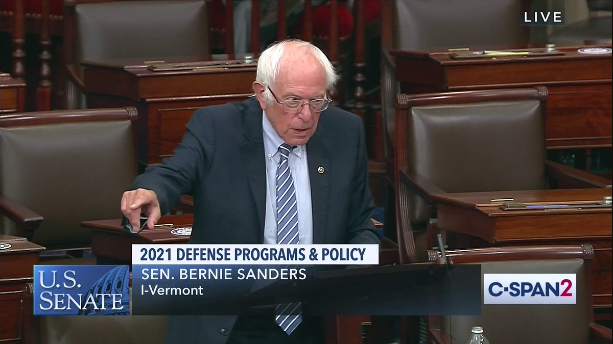 Sanders from Senate floor: "I rise to speak in support of the amdt I have filed to the National Defense Authorization Act to cut the bloated $740 billion Pentagon budget by 10 percent and use that $74 billion in savings to invest in human needs here at home."