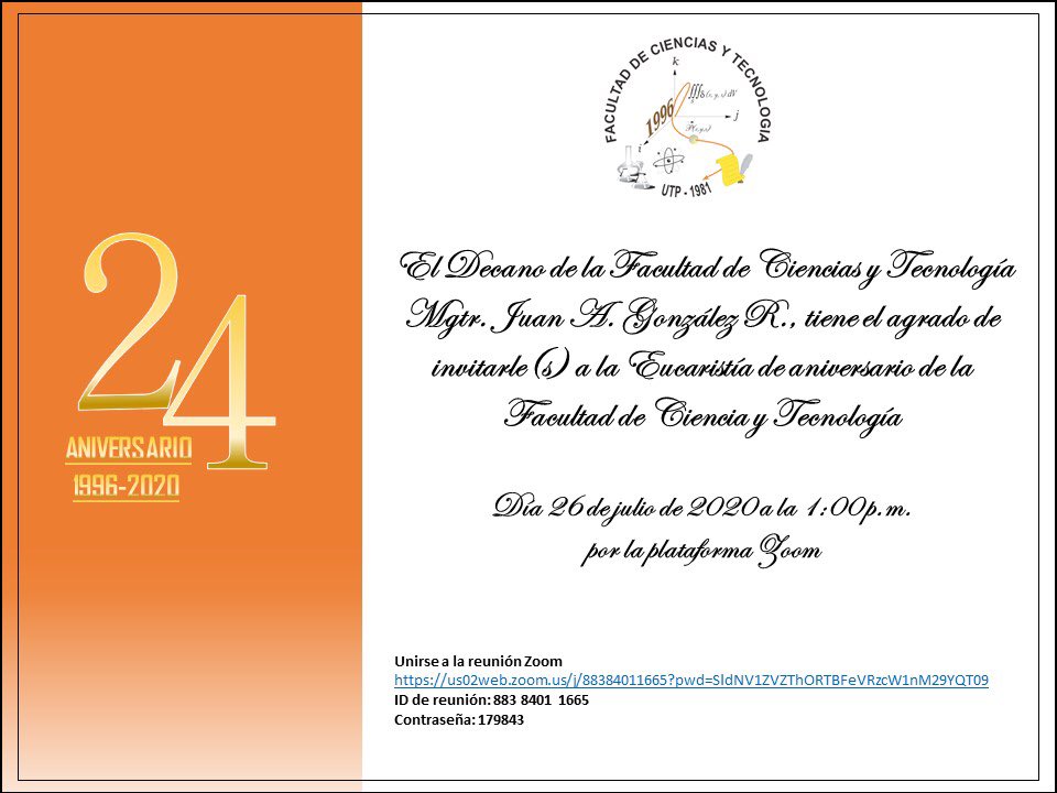 utpfct's tweet photo. Invitación: Eucaristía de Aniversario-Facultad de Ciencias y Tecnología @utppanama https://t.co/icYMI8c9FO