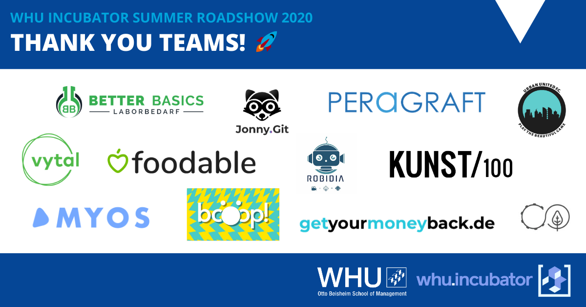 WHUIncubator's tweet photo. Thank you to the 12 #teams for their fantastic #pitches and to all #investors and #alumni for their participation at the virtual WHU Incubator Summer Roadshow!
We wish all teams the best of success going forward! And we are looking forward to the next #Roadshow!
@WHU_edu #mywhu https://t.co/GDnTpqTOc3