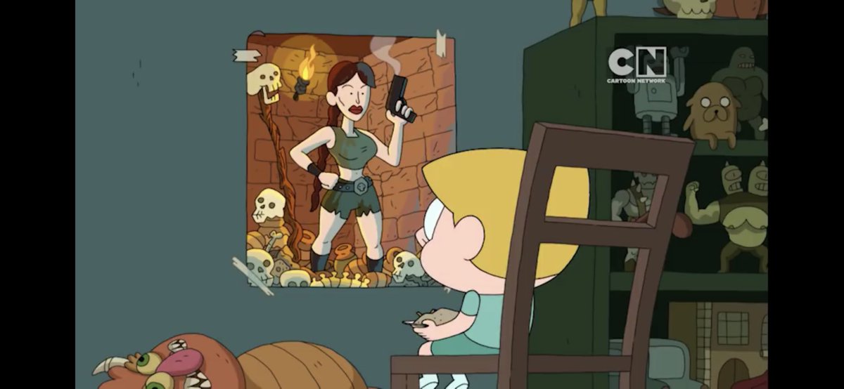 Gravity Falls : with “Pit Spelunker” in the episode Soos and the Real Girl Clarence: There’s a poster of Lara in the show in the episode Belson’s Sleepover(Thanks to . @jar_cup for sending me these)