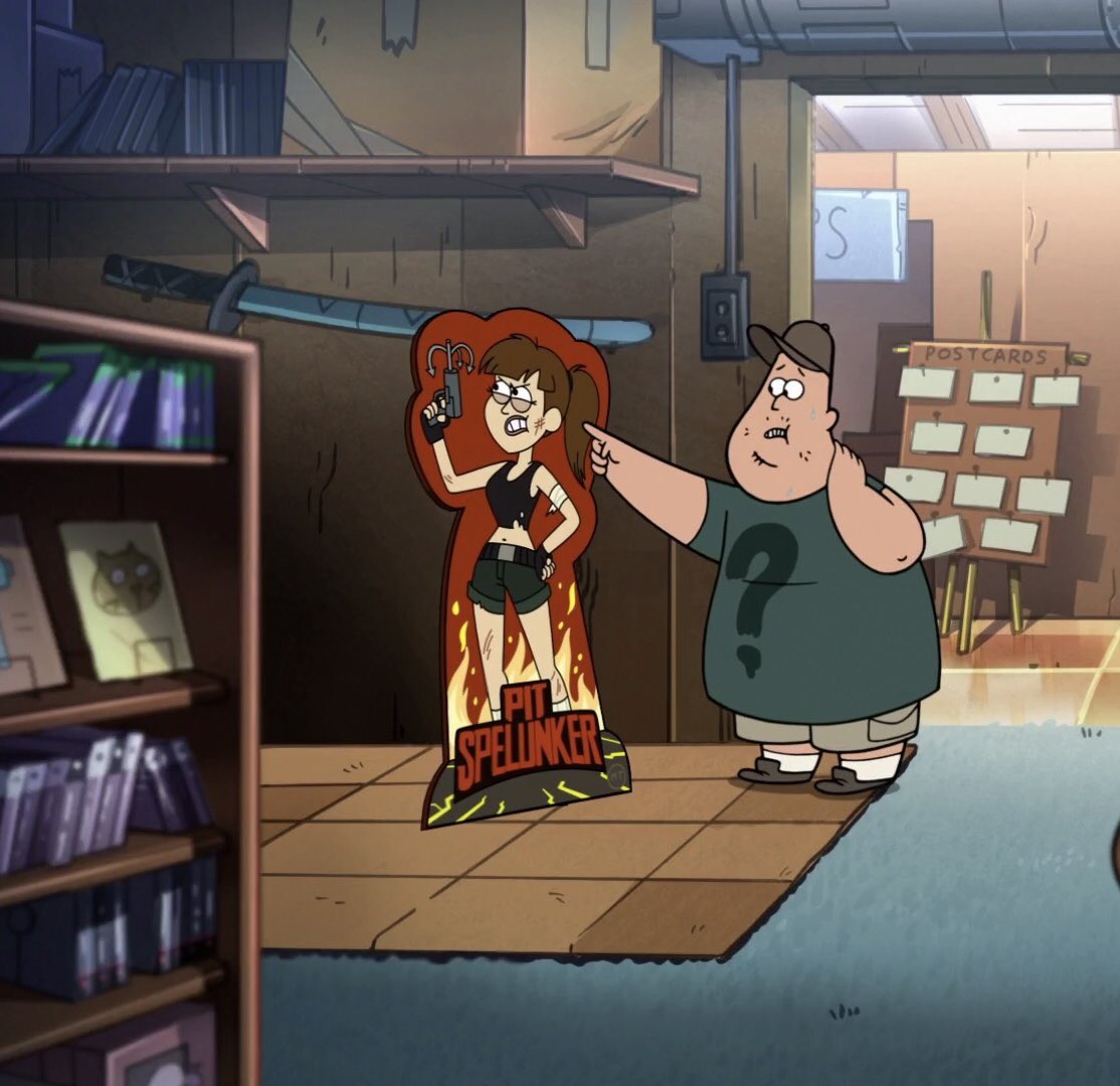 Gravity Falls : with “Pit Spelunker” in the episode Soos and the Real Girl Clarence: There’s a poster of Lara in the show in the episode Belson’s Sleepover(Thanks to . @jar_cup for sending me these)