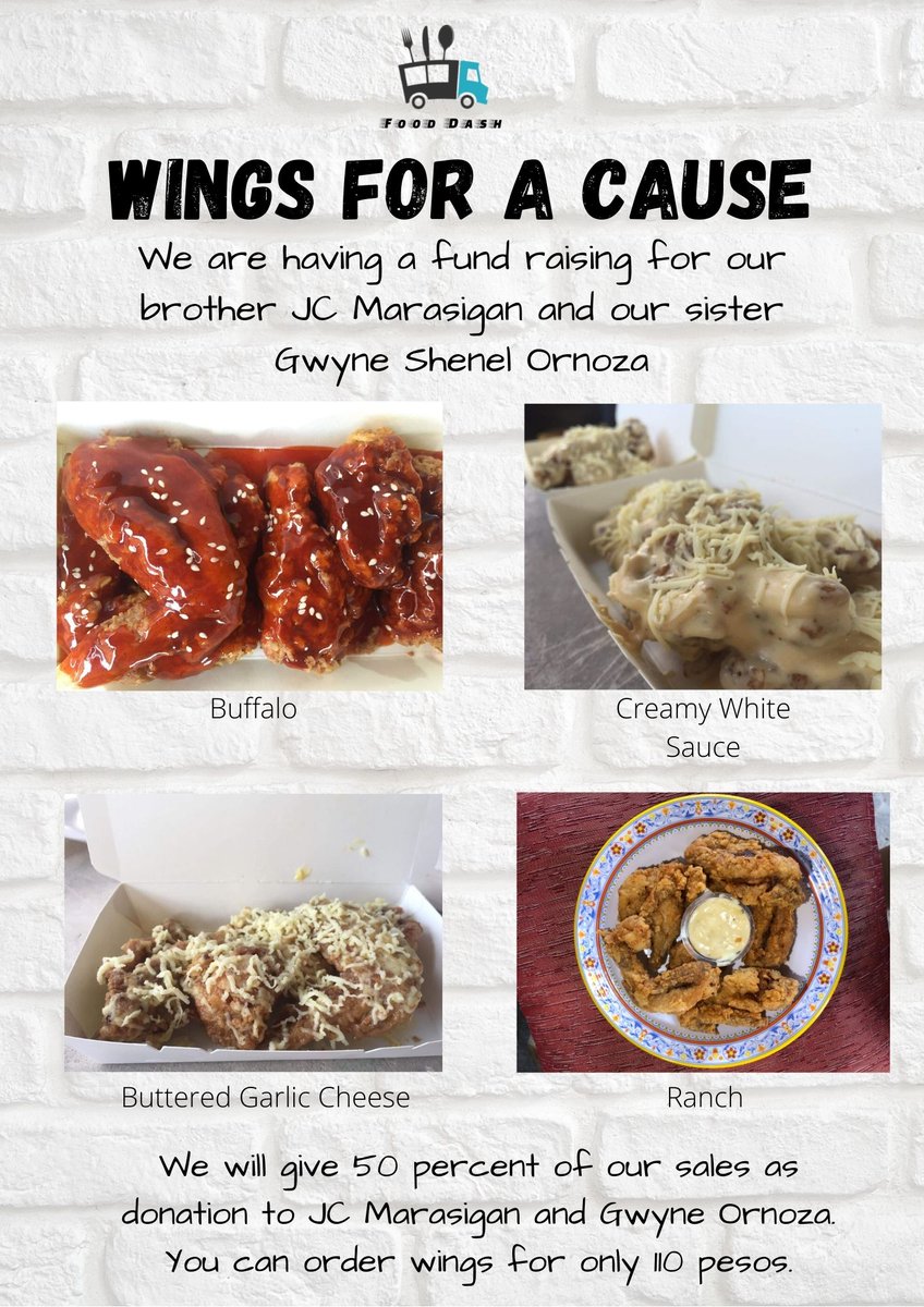 adriaaandlrs's tweet photo. We will give 50 percent of our sales as donation to JC Marasigan and Gwyne Ornoza.
You can order wings for only 110 pesos.
Thank you and God Bless!
"I am the Lord who heals you." -Exodus 15:26
#WingsForACause
#FoodDash https://t.co/4wzF23m2ag