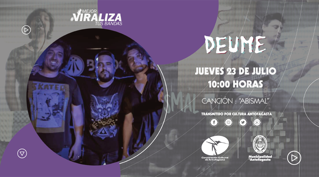 Culturaafta's tweet photo. Continuamos con nuestro nuevo ciclo #MejorViralizaTusBandas de la mano del rock antofagastino de la banda #Deume y la canción #Abismal 🎸🎼

#Rock #MusicaIndependiente #Antofagasta 

https://t.co/e22KdSHgZF https://t.co/A22N6noYmI
