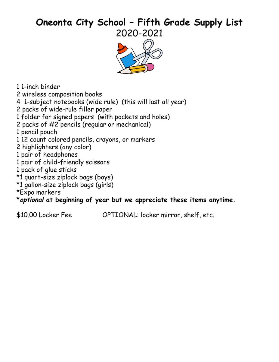 OneontaSchool's tweet photo. Please see the following images for our updated traditional supply lists.  If you will be a remote student, the remote teacher will let you know of any needed supplies closer to the start of school. https://t.co/DbMTiO5muZ