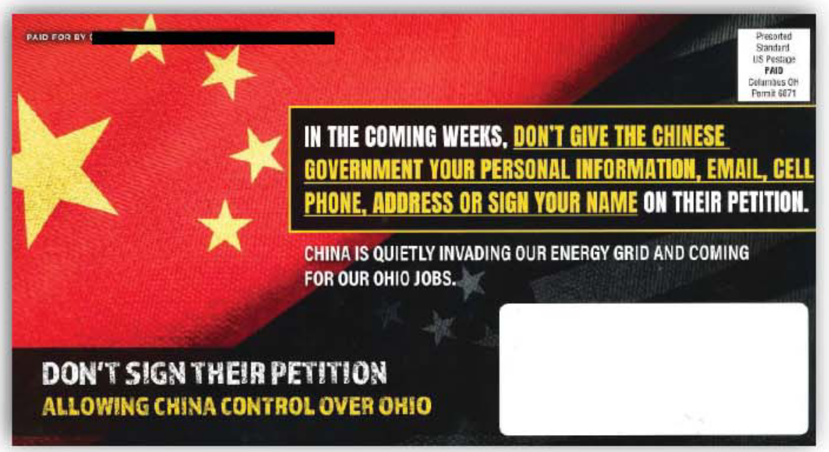 * When voters launched a ballot initiative to fight the corporate welfare, Householder and Firstenergy masterminded a disinformation campaign warning people that signing the petition would give their personal information to the Chinese government (!!);7/