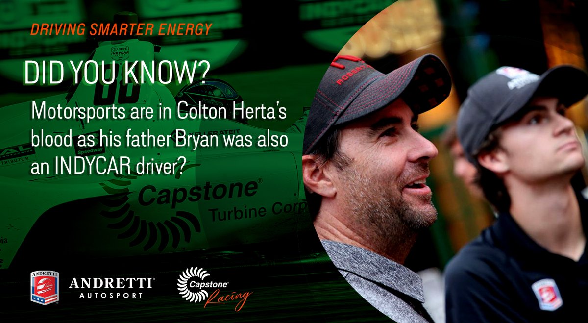 CapstoneEnergy's tweet photo. .@CapstoneTurbine #WednesdayWisdom 🤔
#DidYouKnow motorsports are in @ColtonHerta’s blood as his father @BryanHerta was also an #INDYCAR driver?
#DrivingSmarterEnergy // #ShiftToGreen // #CapstoneRacing // @BHA https://t.co/YF3sJTCZd8