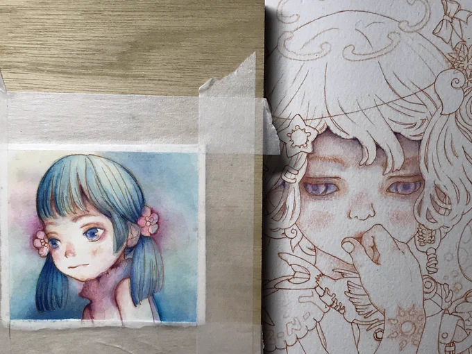 鮮やかな色彩の耐光性がある絵具という事で
ミジェロ透明水彩を買って描いています
3原色+作るには難しいウルトラマリンバイオレットと
赤紫系の茶(マルーンとか)はカラーインクでも
メインで使用なのでミジェロでもそうしてます
混色にワンランク暗めの青追加でいるなとは思ってます 