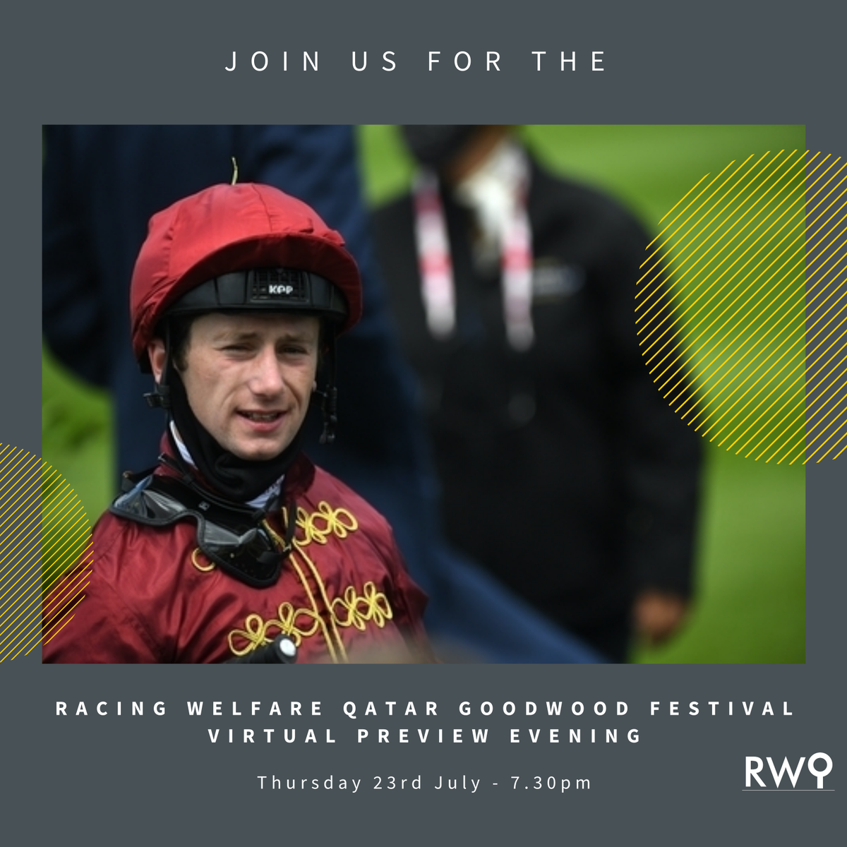 Racingwelfare's tweet photo. Champion Jockey @OisMurphy joins us for our Goodwood Festival Virtual Preview evening

Host @nickluck will chat to Oisin about his rides in the festival

The rest of the panel incl. @AndrewBalding2,@TanyaStevenson1, @MattBrocklebank &amp; @SkyBetShinners

Book:https://t.co/N7Yb6DkZEa https://t.co/nzlvWyfyTk