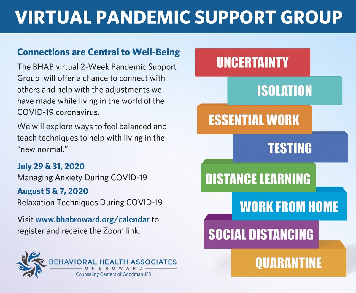 In order to better serve the community, Behavioral Health Associates of Broward, Counseling Centers of Goodman JFS (BHAB) is offering a free virtual 2-Week Pandemic Support Group to help with the impact of COVID-19. For details and to register, go to bit.ly/37agcqC.