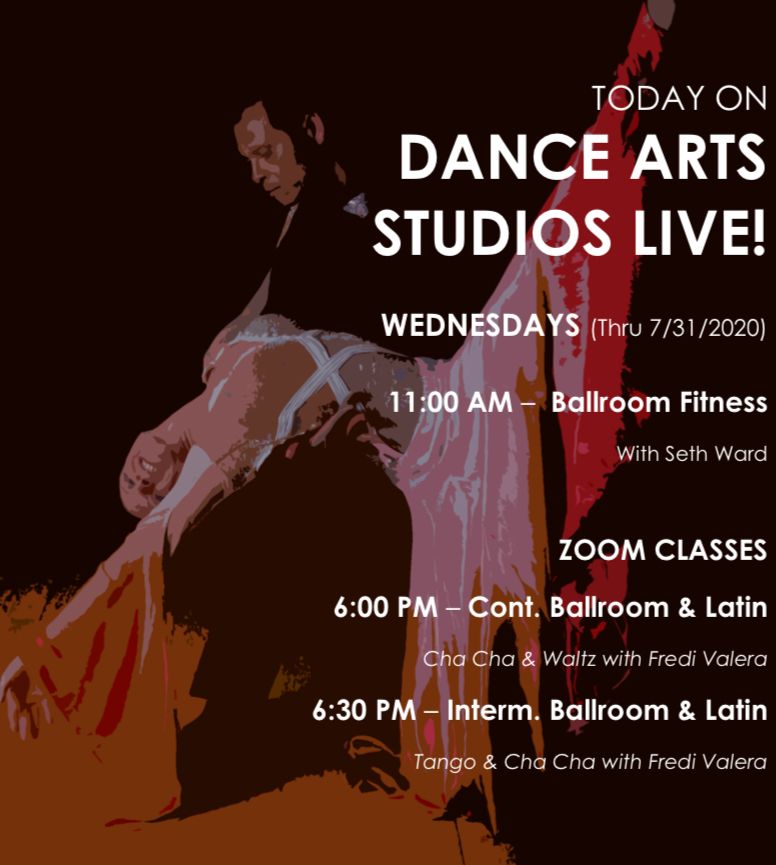 Dance_Arts's tweet photo. Wednesday, July 22, 2020 
Today on Dance Arts Studios LIVE!
 
11:00 AM – BALLROOM FITNESS – All levels 

ZOOM Classes* 
6:00 PM - CONT. BALLROOM AND LATIN - Cha Cha and Waltz 
6:30 PM - Inter. Ballroom and Latin - Tango and Cha Cha https://t.co/XZ6xolNNb2