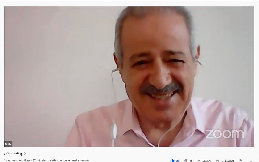 astro4society's tweet photo. #cosmonaut Muhammed Fares @ganzeer & @Dr_GhinaHalabi share a laugh during the #spaceEU #live event!🤩🌌🌠
#SpaceInYourLivingRoom #StepintoSpace https://t.co/x86hcOlmOL