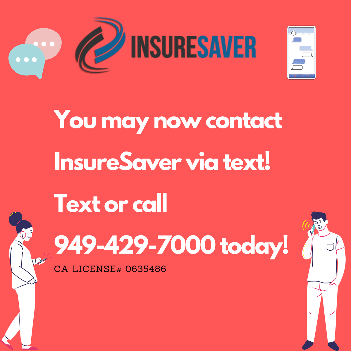 insuresaver1's tweet photo. You may now text InsureSaver with any life or health insurance questions! Text 949-429-7000 now! 
or visit us on the web at https://t.co/X57N36FL2L
Have an amazing rest of your week! https://t.co/48ytNg5M32