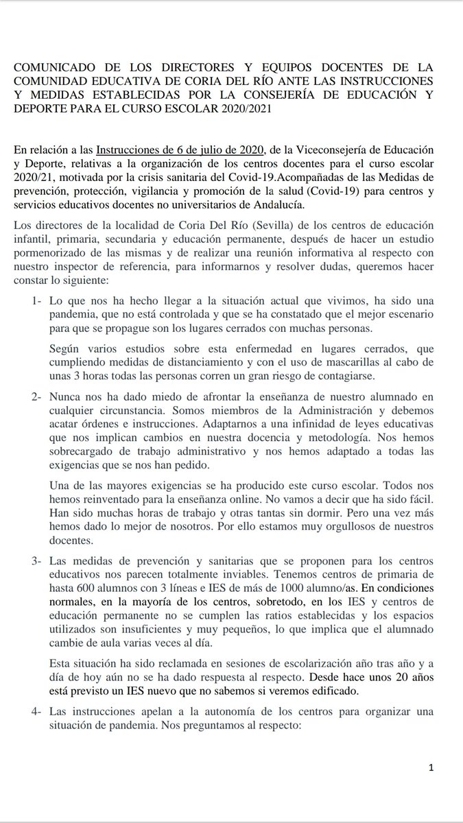 MareaVerde_SE's tweet photo. ‼️‼️🗣️Comunicado de directores/as y Equipos Docentes de la Comunidad Educativa de Coria del Río ante las instrucciones y medidas establecidas por la Consejería de Educación y Deporte para el curso escolar 2020/2021.
💚💪👏 https://t.co/XAIYXMfqVe