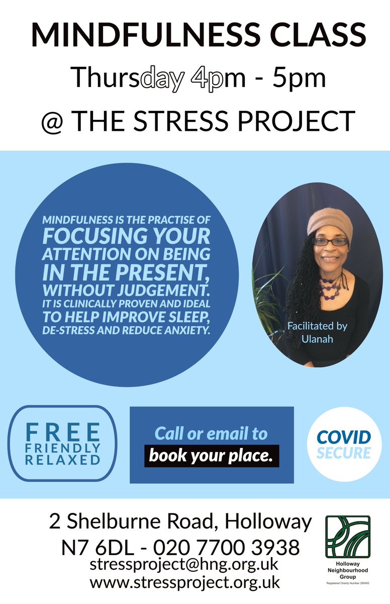 HNGStressProjec's tweet photo. Starting tomorrow, Thursday 23rd July, we are holding a Mindfulness class in the Stress Project building every Thursday from 4pm to 5pm. 

To book a place please contact us on 020 7700 3938 or email stressproject@hng.org.uk 

#Islington #lovemycc #CCWeekUK #Mindfulness https://t.co/njd4xRoAzg