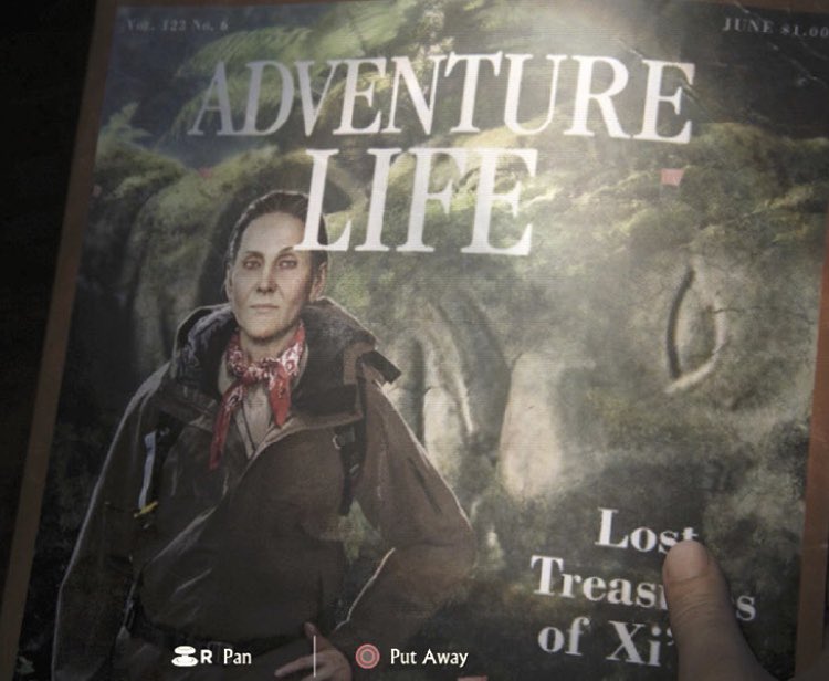 Uncharted 4: Evelyn seems to be a tribute to Lara croft as In her house, she is seen on a cover of a magazine with a title reading, "The Treasure of Xian." A reference to the Dagger of Xian in Tomb Raider II.