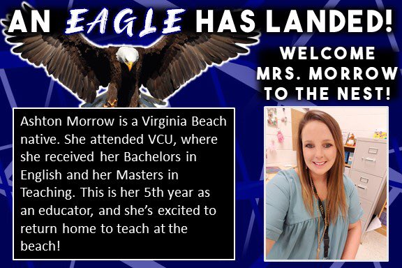 LandstownEagles's tweet photo. Welcome Mrs. Morrow to The Nest! 💙🖤🦅 #LoveFromLandstown https://t.co/DWVOI2NGtL
