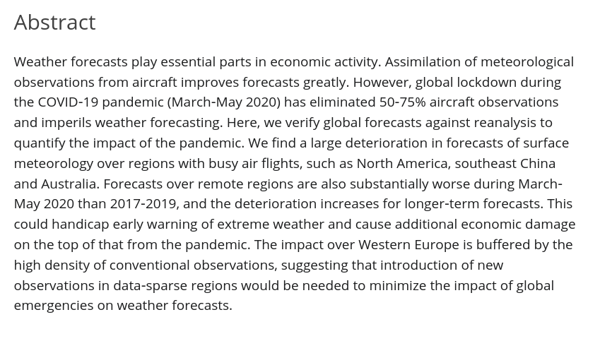 So what we suspected to be true is officially confirmed by a new study:

Weather forecasts have become less accurate during the COVID-19 pandemic, due to the reduction in weather data from commercial aircraft flights.

doi.org/10.1029/2020GL…