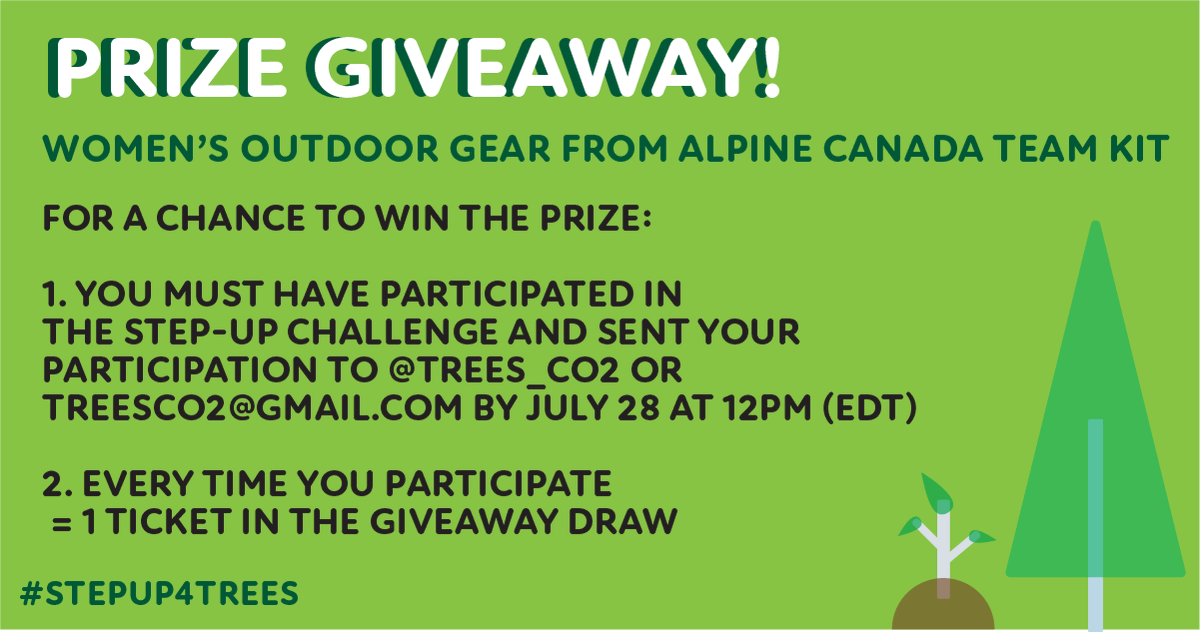 📣Awesome Prize Giveaway from <a href="/AlpineCanada/">Alpine Canada Alpin</a> for the Step-Up Challenge!

For a chance to win:
1. You must have done the Step-Up Challenge and sent it to TreesCO2
2. Each time you #stepup4trees = 1 ticket in the draw

Participation counts from July 6 until July 28 at 12:00pm (EDT).
