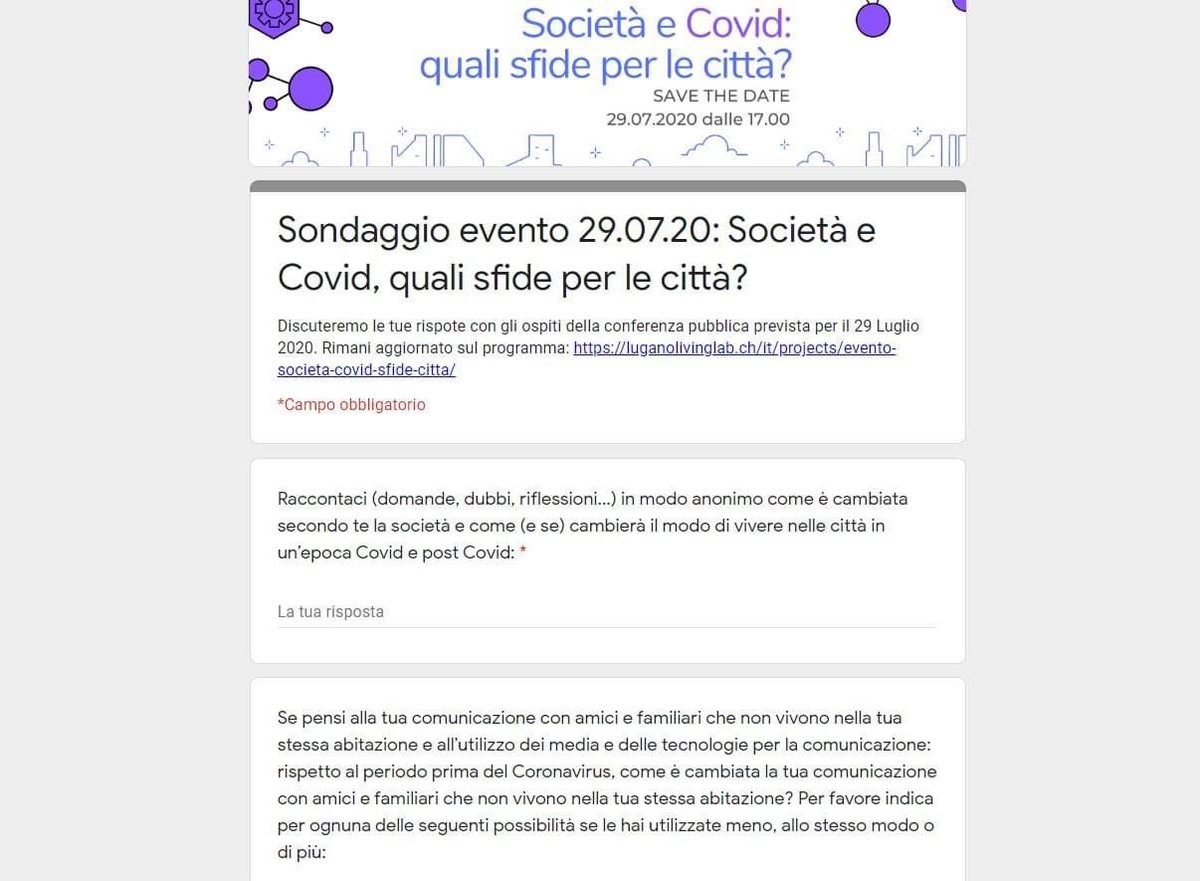 Lugano Living Lab (@luganolivinglab) on Twitter photo Aiutaci a capire di piu' sul tema #Società e #Covid: quali sfide per le #città? Compila questo sondaggio anonimo: bit.ly/CityandCovid
Ne parleremo il 29.07.20 dalle 17.00 #Lugano con <a href="/crassociati/">CRA-CarloRattiAssociati</a> <a href="/RailService/">RailService SBB CFF FFS</a> <a href="/USI_university/">USI University</a> @KLobinger <a href="/fparolotto/">federico parolotto</a> <a href="/MBorradori/">Marco Borradori</a> <a href="/luganomycity/">Lugano</a> Aiutaci a capire di piu' sul tema #Società e #Covid: quali sfide per le #città? Compila questo sondaggio anonimo: bit.ly/CityandCovid
Ne parleremo il 29.07.20 dalle 17.00 #Lugano con <a href="/crassociati/">CRA-CarloRattiAssociati</a> <a href="/RailService/">RailService SBB CFF FFS</a> <a href="/USI_university/">USI University</a> @KLobinger <a href="/fparolotto/">federico parolotto</a> <a href="/MBorradori/">Marco Borradori</a> <a href="/luganomycity/">Lugano</a>