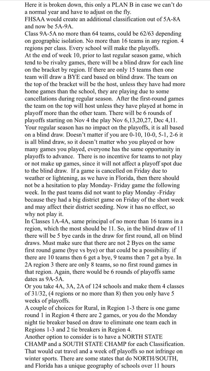 FlaHSFootball's tweet photo. I have been asked to share this by a few coaches on this Plan B that Jeff McLean talked about the other night. You can share your thoughts in the thread below. Again just sharing because several have asked I do so. Again just open dialogue. https://t.co/dincAk9EPX