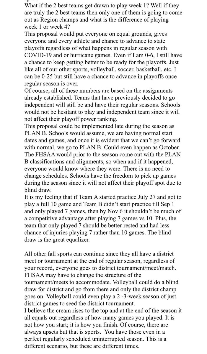 FlaHSFootball's tweet photo. I have been asked to share this by a few coaches on this Plan B that Jeff McLean talked about the other night. You can share your thoughts in the thread below. Again just sharing because several have asked I do so. Again just open dialogue. https://t.co/dincAk9EPX