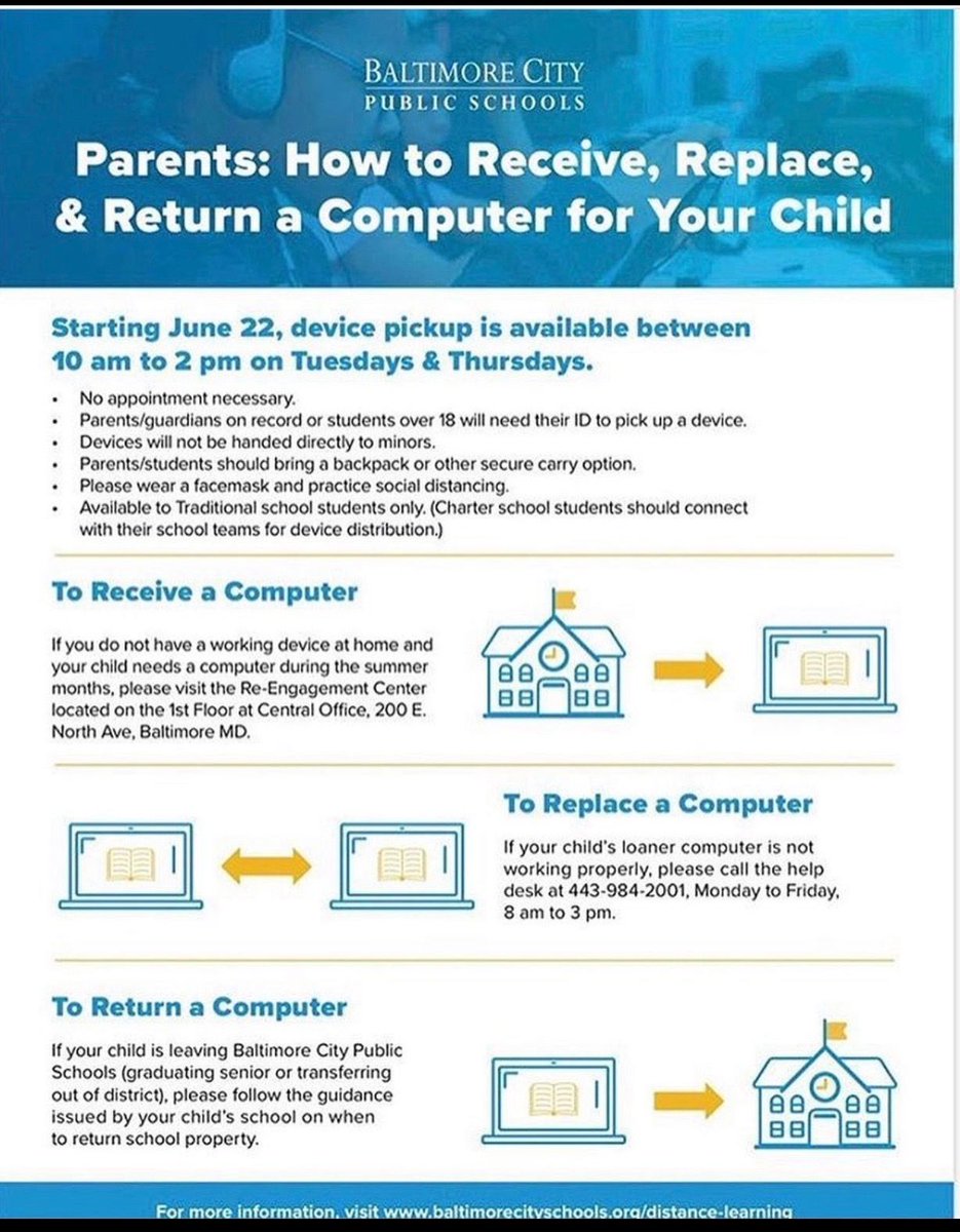 In need of a computer? Visit Re-Engagement Center located on the 1st Floor at Central Office, 200 East North Avenue, Baltimore MD. Pickup is available every Tuesday &amp; Thursday from 10am to 2pm. ⚠️ READ IMAGE for more details and information.