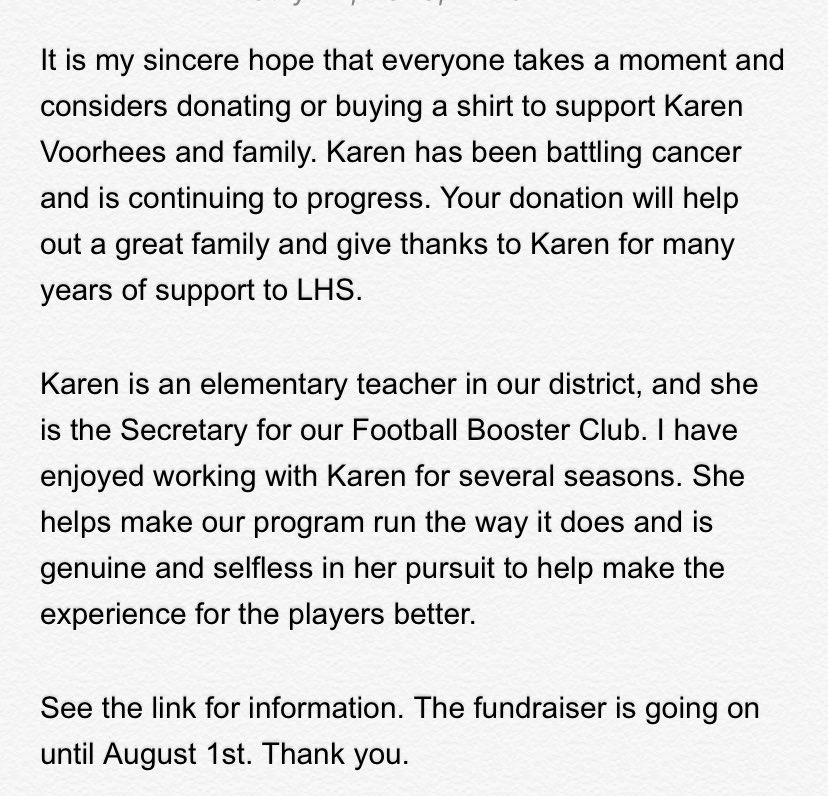 MrTruby_LHS's tweet photo. Canes,

Please join me in showing support for an LHS football family. Karen has been fantastic in our booster club for the past few seasons. See photo for more details and click the link to help support the Voorhees family. 

https://t.co/tSl3sZE0lf https://t.co/dVOkzhwocQ
